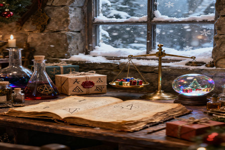 Old magic books, magic ball, magic potion and a letter to Santa Claus on the background of the windowの素材