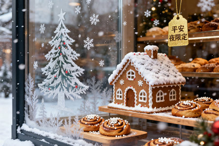 Christmas gingerbread house on the background of a window with a Christmas treeの素材