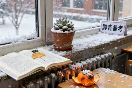 Tangerine and book on the windowsill during the snowfallの素材