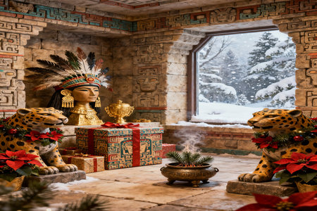 Christmas and New Year decoration in the interior of the house with a fireplaceの素材