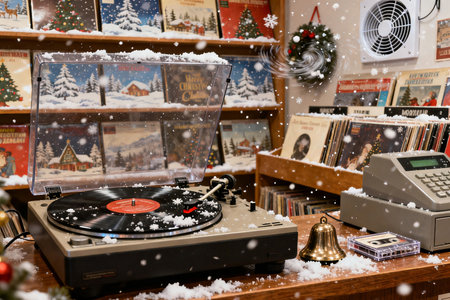 Retro turntable with vinyl records and christmas decorations on backgroundの素材