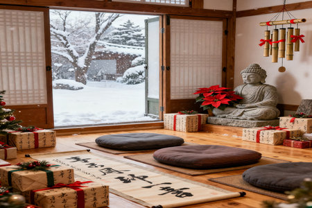 Christmas and New Year decoration in Japanese style room with a view on the snow-covered landscapeの素材