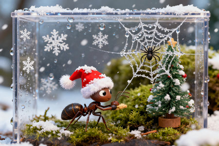 ant with spider web and christmas tree in the snow, holiday conceptの素材