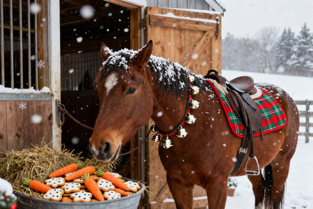 Horse with a basket of carrots on the farm in winter.の素材