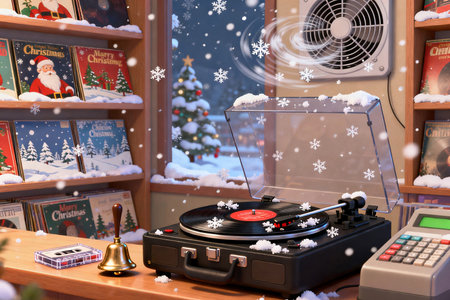 Retro turntable vinyl record player and christmas decorations in the background. 3d rendering.の素材