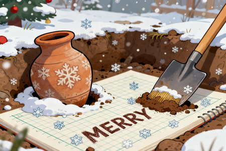 Merry christmas written in a notebook with a shovel and a clay vase in the snowの素材