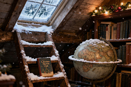 Old bookshelves covered with snow and a globe in the foregroundの素材