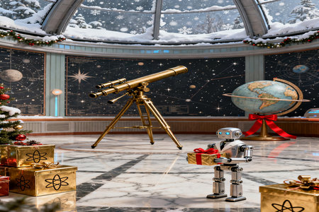 3d render of a telescope and a globe in a Christmas interiorの素材
