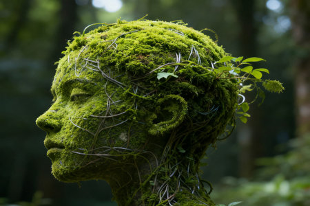 Sculpture in the form of a human head covered with mossの素材
