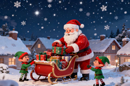 Santa Claus with children on a sleigh with gifts in the village.の素材