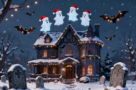 Halloween night scene with ghosts in front of a haunted house.の素材