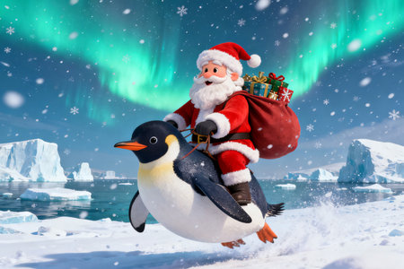 Santa Claus and penguin on the ice floe. Aurora borealis.の素材