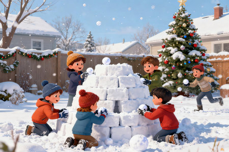 Children building a snowman in the yard of their house on Christmas eveの素材