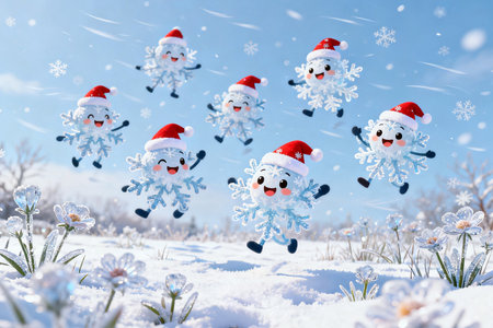 Snowman with santa claus hat and snowflakes on blue sky backgroundの素材