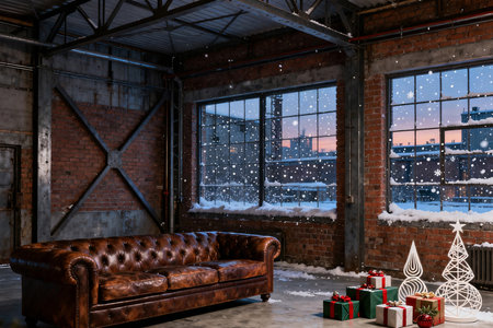 Interior of a loft with a brown sofa and a Christmas treeの素材
