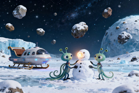 Snowman and alien in the night sky. 3D rendering.の素材