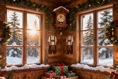 Wooden window with Christmas decorations and gifts on the background of the winter landscapeの素材