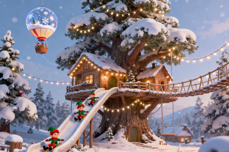Christmas tree in the snow with wooden houses and hot air balloons.の素材