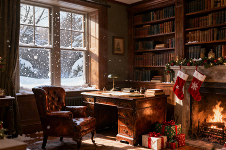 Christmas and New Year interior with fireplace, bookshelf, christmas tree and cozy chairの素材