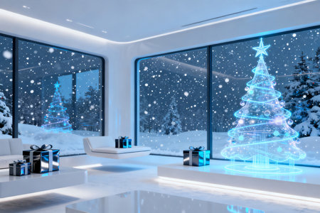 3d rendering xmas tree in modern living room with snow effectの素材