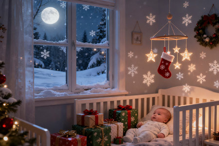 Cute little baby boy sleeping in crib with christmas tree and presents on backgroundの素材
