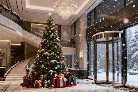 Christmas tree with gifts in the lobby of a luxury hotel. 3d renderingの素材