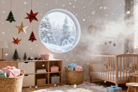 Merry Christmas and Happy New Year. The interior of the childrens room with a round window, gifts and a crib.の素材