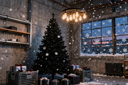 Christmas and New Year holidays background. Christmas tree and gifts on the background of a winter city.の素材