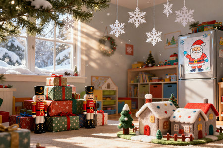 Christmas decoration in the living room of a house with gifts and toysの素材