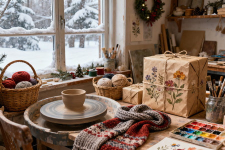 Handmade christmas gifts in craft paper and crockery on the windowsillの素材