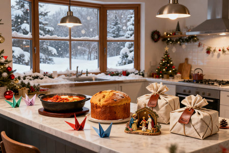Christmas cake in the kitchen with gifts under the Christmas tree. Christmas and New Year concept.の素材