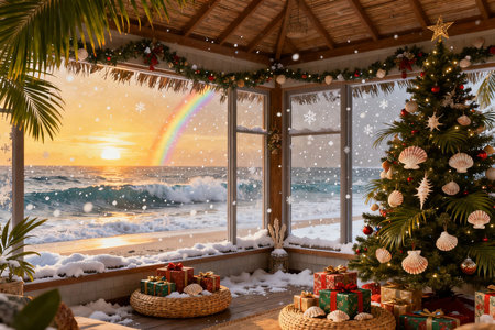 Christmas tree with gifts on the background of the sea at sunset.の素材