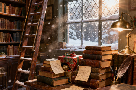 Old books on the table in the library. Christmas and New Year concept.の素材