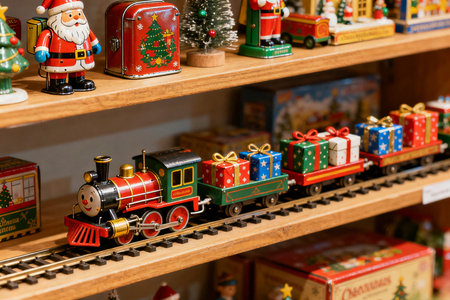 Christmas toy train and Santa Claus on a shelf in the store.の素材