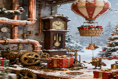 Christmas and New Year background with Christmas tree, gifts and clock.の素材