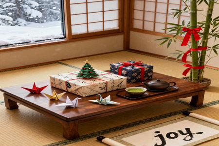 Gift box and christmas tree on japanese window backgroundの素材