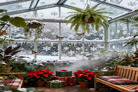 Christmas decoration in a greenhouse. Christmas and New Year concept. Christmas decorationsの素材