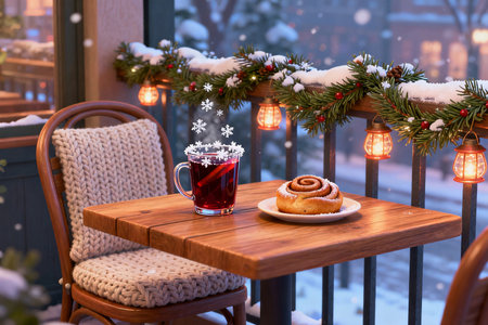 A cup of hot mulled wine with cinnamon rolls on a wooden table on a background of a winter cafe.の素材