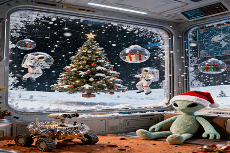 Christmas tree and toys on the window of the plane. Santa Claus and snowman.の素材