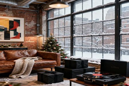 Merry Christmas and Happy New Year. Interior of modern loft apartment with brick walls, wooden floor, comfortable brown sofa and vintage vinyl record player.の素材