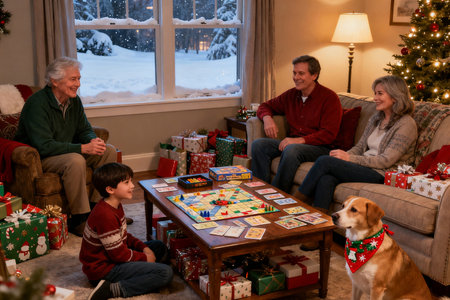 Happy family playing board game at home in front of christmas treeの素材