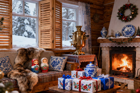 Christmas interior with fireplace, Christmas tree, gifts and vintage samovarの素材