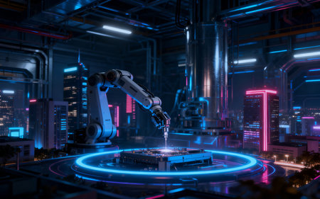 Industrial robot arm with glowing neon lights. 3D Renderingの素材