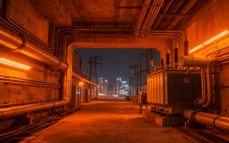 Industrial interior of a power plant at night with lights and smokeの素材