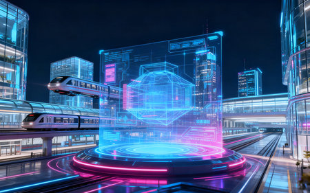 3D rendering of a futuristic city with high-rise buildings and high-speed trainの素材