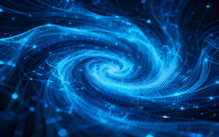 abstract blue background with glowing particles and lines, 3d renderの素材