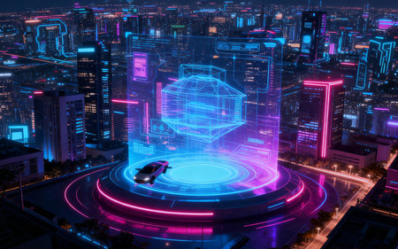 Future city concept. Futuristic cityscape with glowing hologram. 3d renderingの素材