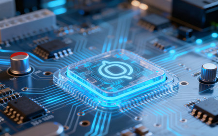 Close-up view of a modern GPU card circuit with chat icon 3D renderingの素材