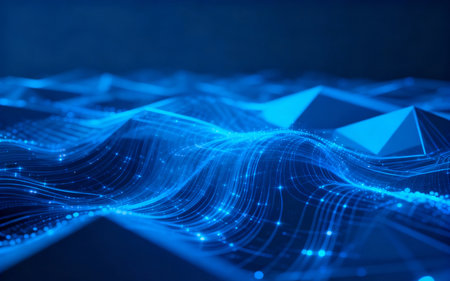 3D rendering of abstract technology digital background. Futuristic wave with glowing particles. Big data visualization.の素材