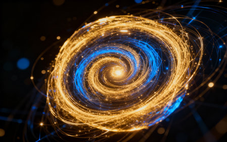 Abstract background of luminous swirling. Elegant glowing circle. Sparking particle. Space tunnel. Glossy jellyfish. Colorful ellipse. Glint sphereの素材